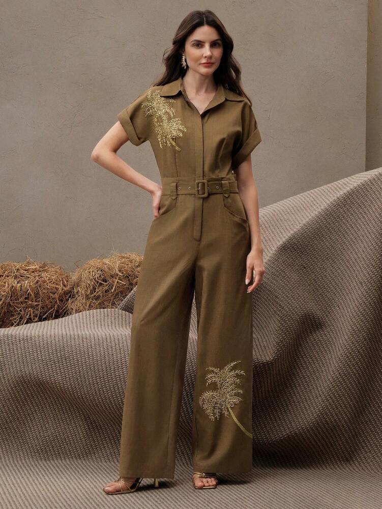 Women's Green Embroidered Jumpsuit Short Sleeve With Belt Coconut Tree Design Elegant Vacation Festival Outfit Summer Party Holiday Wear
