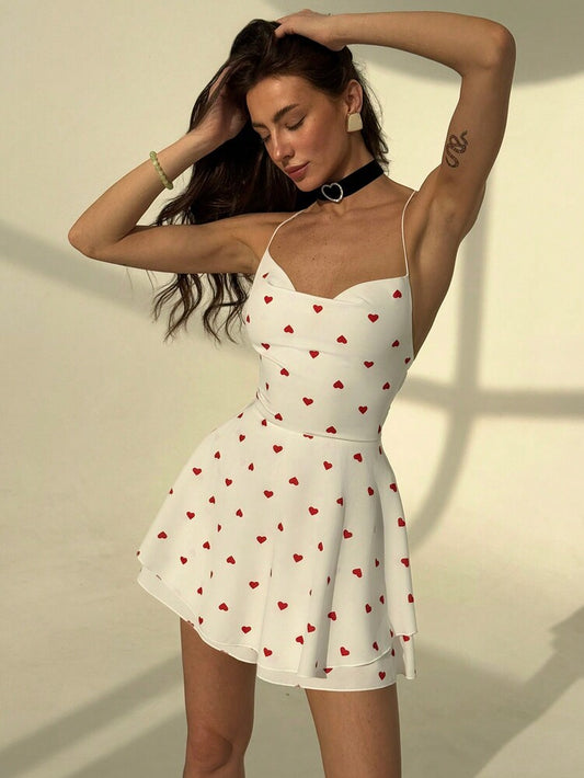 Women's Sweetheart Print Romper Sexy Backless Crisscross Strap Tiered Hem Waist Fitted Jumpsuit Elegant Romantic Outfit Summer Vacation