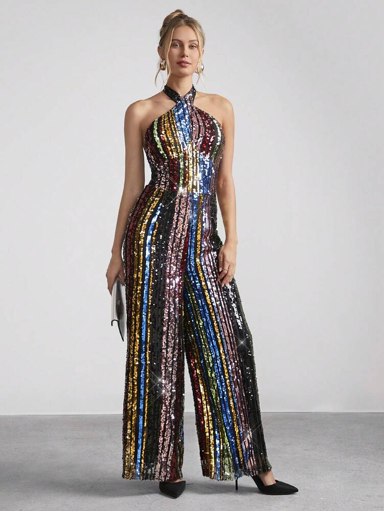 Women's Rainbow Sequin Halter Neck Jumpsuit Sexy Glitter Outfit Holiday Party Romper Christmas New Year Eve Evening Nightclub Clothing