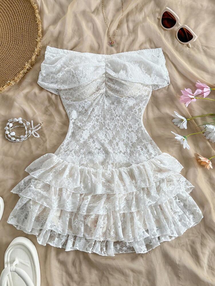 Women's Pure Lace Ruffle Knit Jumpsuit Elegant Vacation Romper Off Shoulder Backless Bohemian Fairycore Summer Spring Graduation Outfit