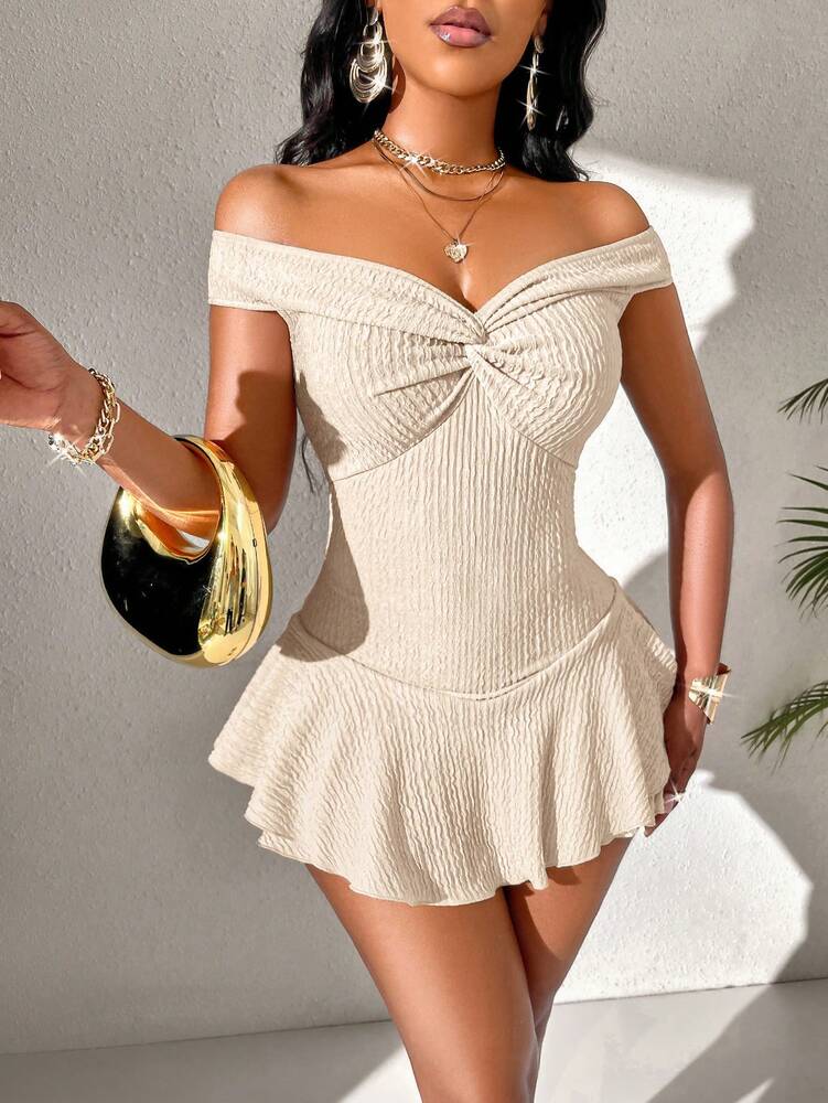 Women's Off Shoulder Twist Ruffle Trim Skinny Jumpsuit Elegant Romantic Party Outfit Vacation Date Night Holiday Evening Wear Clothing