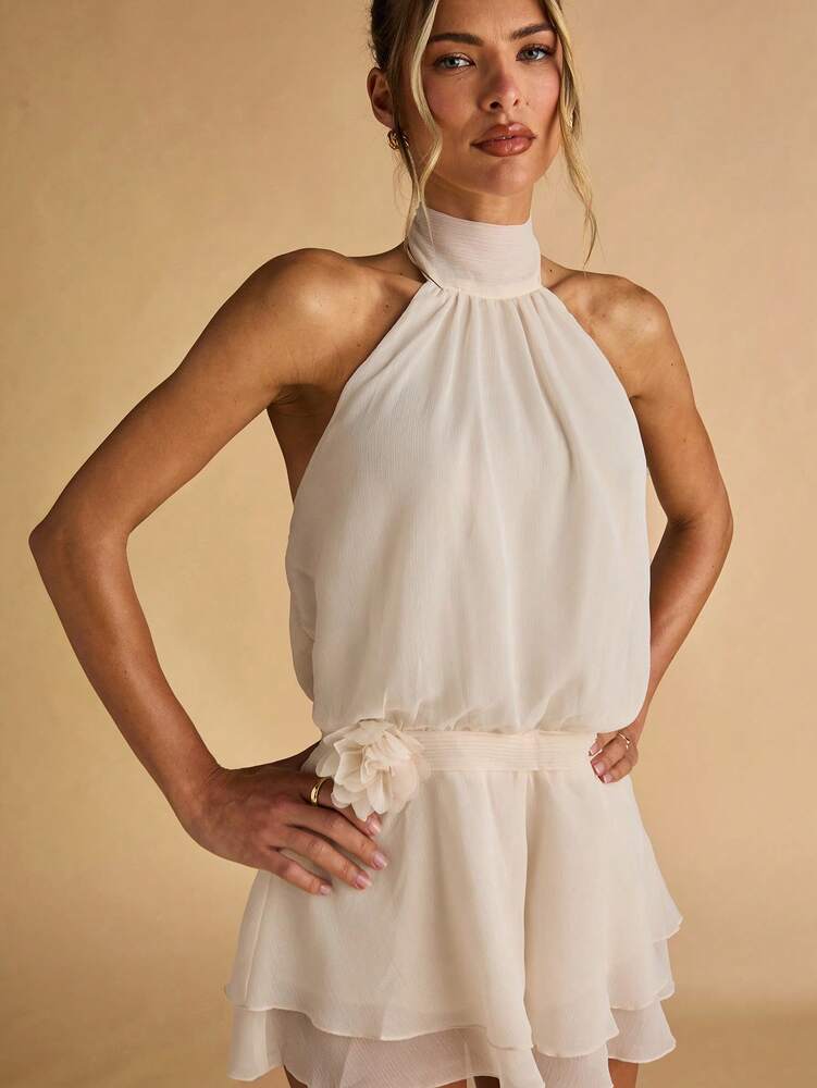 Women's Apricot Chiffon Halter Neck Jumpsuit Backless Waist Detail Elegant Casual Romper Vacation Outfit Party Evening Date Night Wear