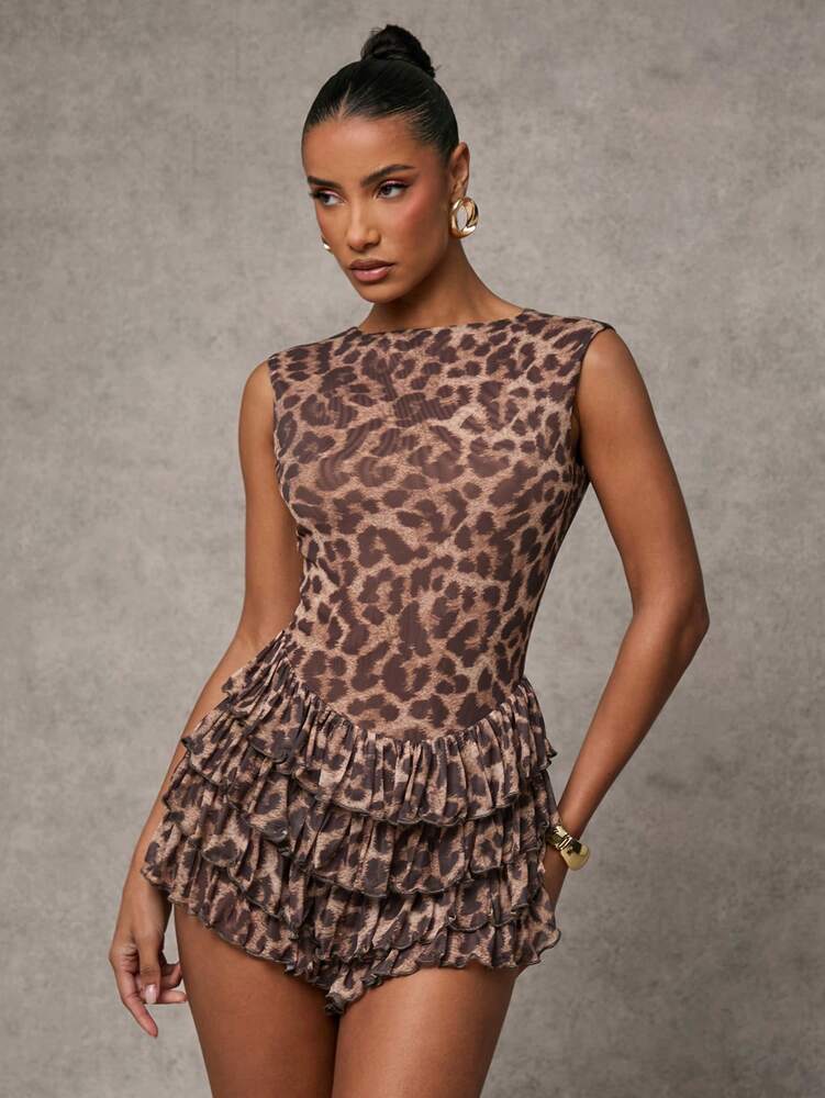 Women's Leopard Print Layered Ruffle Hem Mini Jumpsuit Sleeveless Sexy Casual Outfit Club Party Vacation Wear Summer Beachwear Clothing