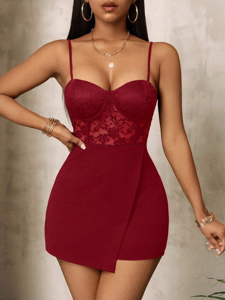 Women's Lace Patchwork Slim Fit Jumpsuit With Spaghetti Straps Casual Solid Color Sexy Summer Vacation Outfit Party Romper For Women