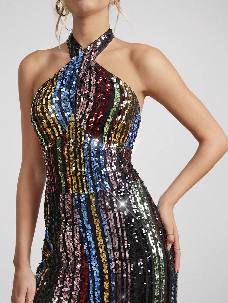 Women's Rainbow Sequin Halter Neck Jumpsuit Sexy Glitter Outfit Holiday Party Romper Christmas New Year Eve Evening Nightclub Clothing