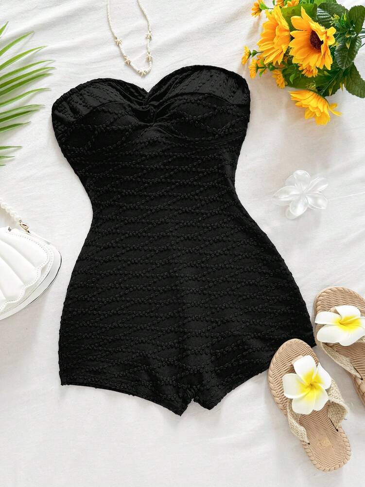 Women's Black Textured Hollow Out Romper Casual Vacation Outfit Sexy Elegant Jumpsuit Suitable For Summer Daily Wear Or Holiday Party