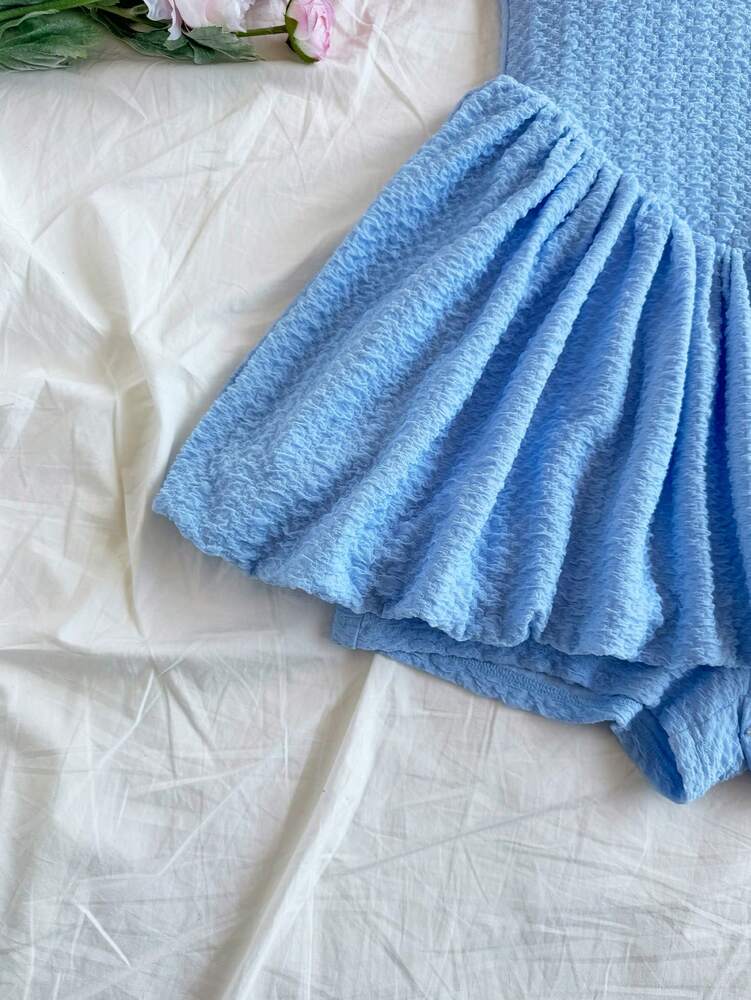 Women's Bow Decor Ruffle Shorts Romper Cute Casual Holiday Outfit Romantic Date Valentine's Day Blue Afternoon Tea Party Clothing Wear