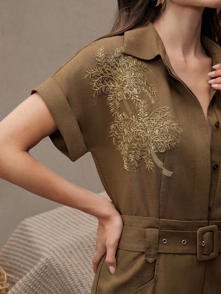 Women's Green Embroidered Jumpsuit Short Sleeve With Belt Coconut Tree Design Elegant Vacation Festival Outfit Summer Party Holiday Wear