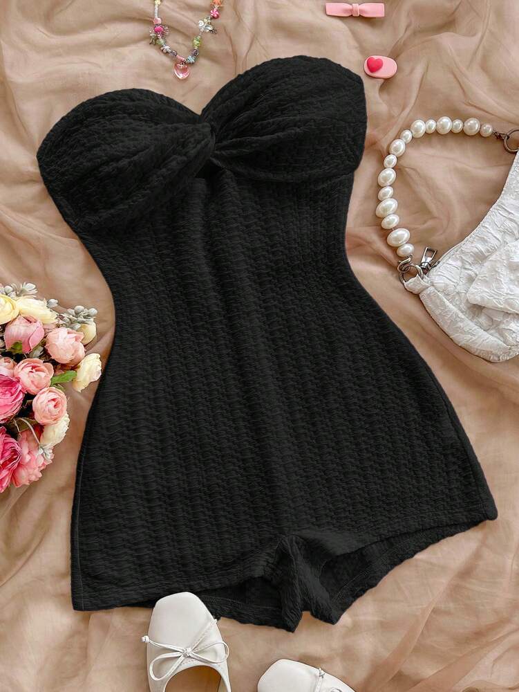 Women's Black Textured Hollow Out Romper Casual Vacation Outfit Sexy Elegant Jumpsuit Suitable For Summer Daily Wear Or Holiday Party