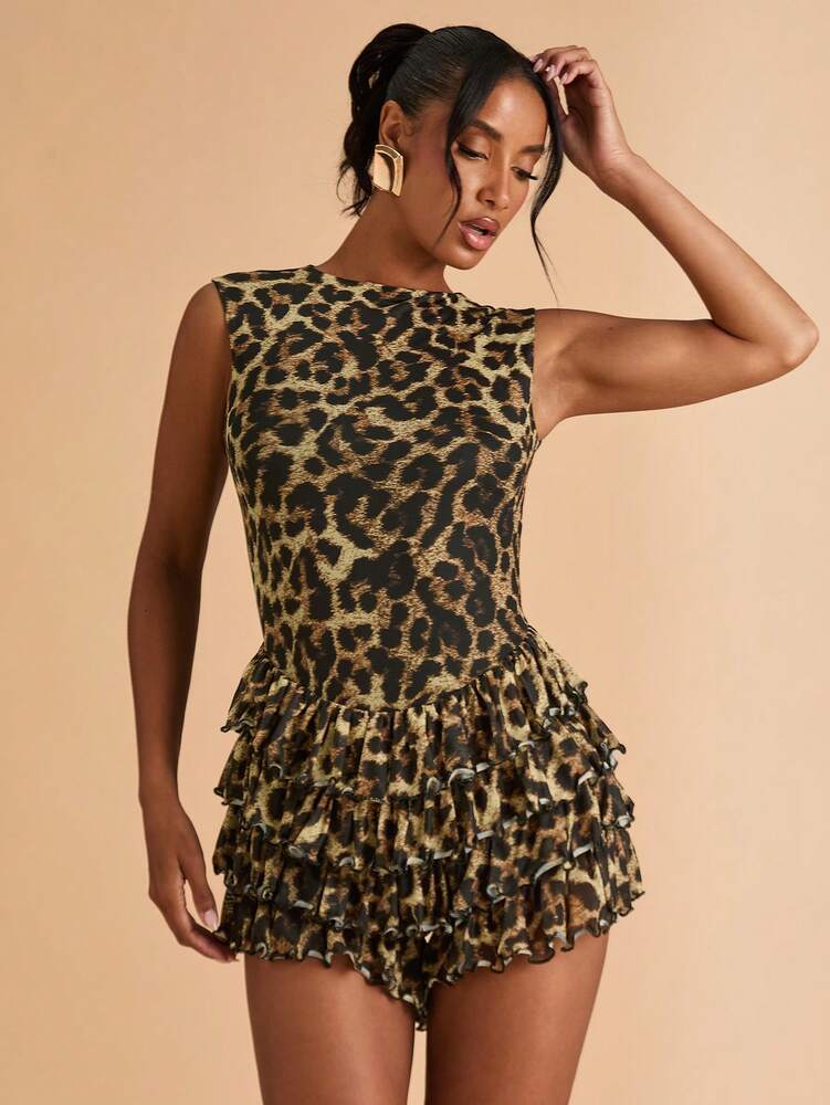 Women's Leopard Print Layered Ruffle Hem Mini Jumpsuit Sleeveless Sexy Casual Outfit Club Party Vacation Wear Summer Beachwear Clothing