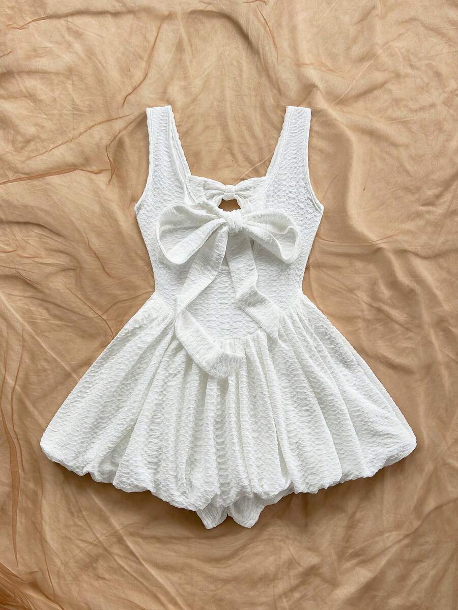 Women's Bow Decor Ruffle Shorts Romper Cute Casual Holiday Outfit Romantic Date Valentine's Day Blue Afternoon Tea Party Clothing Wear
